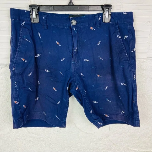 Knickerbocker navy Blue Flat Front cotton stretch surfboard print Shorts SZ 33 - Picture 7 of 11